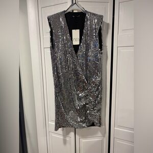 Zara Sequin Rouched Faux Wrap Dress Draped, Blogger Favorite